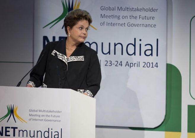 Dilma Rousseff, presidenta de Brasil, durante su intervenci�n en NETmundial.. 