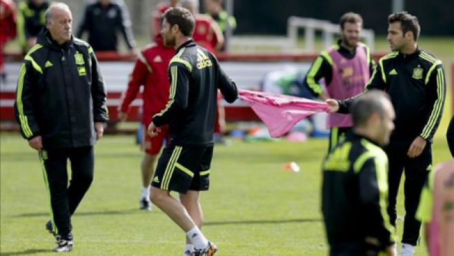 La selecci�n espa�ola entrenando con tensi�n.. EFE