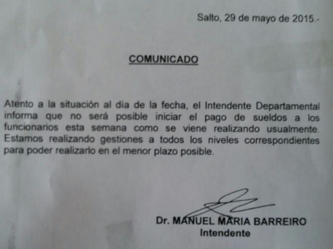 Intendencia de Salto  no podrá pagar los sueldos de mayo y junio