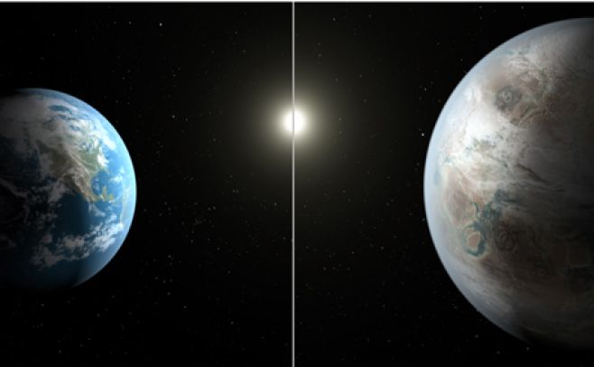 Esta concepcin artstica compara la Tierra (a la izquierda) con el nuevo planeta, llamado Kepler- 452b, que es aproximadamente un 60% ms grande en dimetro .. | NASA/JPL-Caltech/T. Pyle