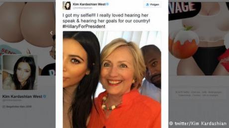 #HillaryForPresident
El apoyo de personajes prominentes en las redes sociales puede ser importante para convocar a los votantes ms jvenes, que generalmente se muestran ms crticos con Clinton. Por ello, para la demcrata es bueno que estrellas de la TV como Kim Kardashian le muestren su respaldo ante sus casi 50 millones de seguidores en Twitter.. Kim Kardashian 