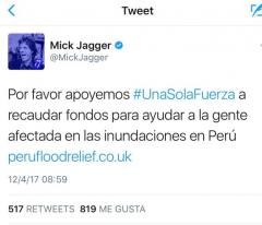 Mick Jagger pide ayuda para Perú en Twitter