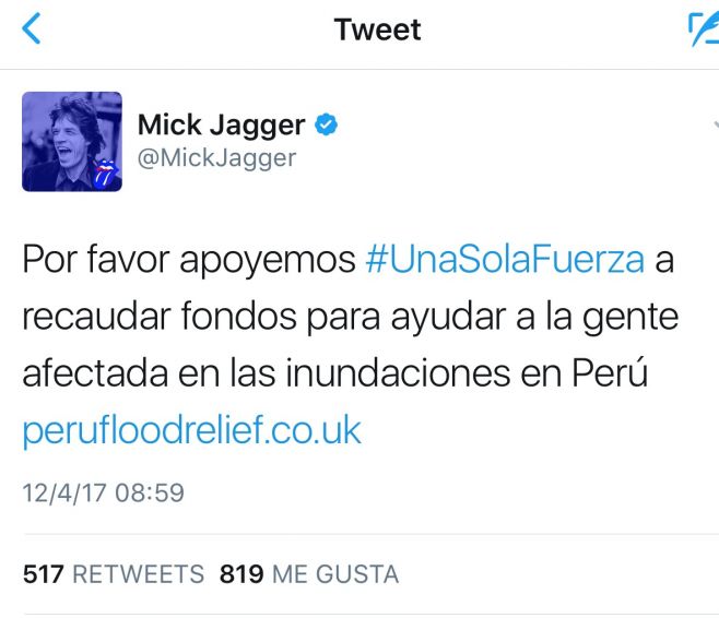 Mick Jagger pide ayuda para Perú en Twitter