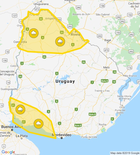 Alerta amarilla para el suroeste y noroeste del país por lluvias y tormentas